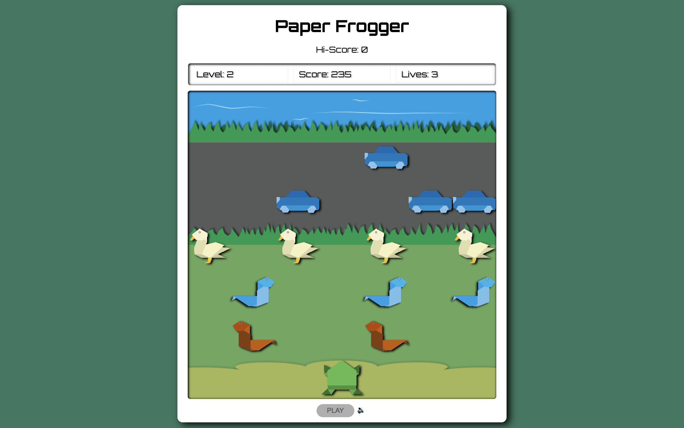 Frogger game styled to look like origami.