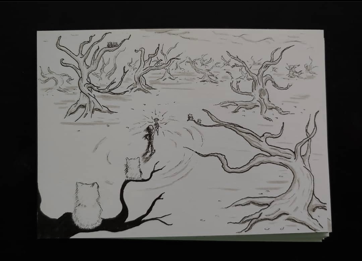 Black ink illustration of a man wearing a bowler hat holding a folded umbrella aloft in a desolate forrest.